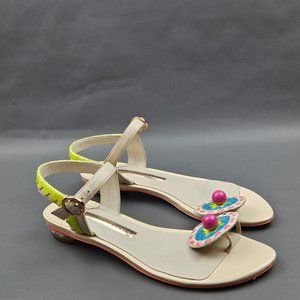 Sophia Webster Sandals Womens Size 6.5 Cream Leather Glitter Ankle Strap Flats